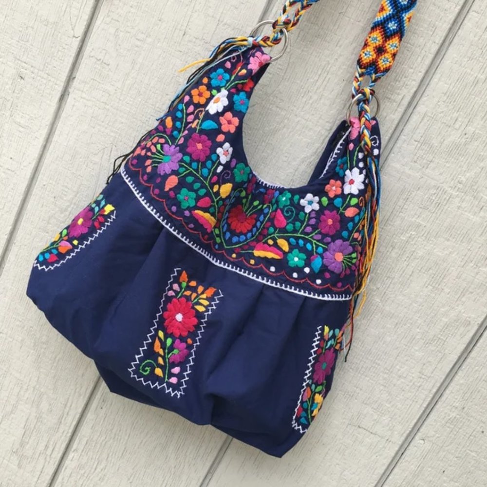 Handmade Floral Embroidered Mexican Satchel Morral Bag - Bolsa Bordada Mexicana